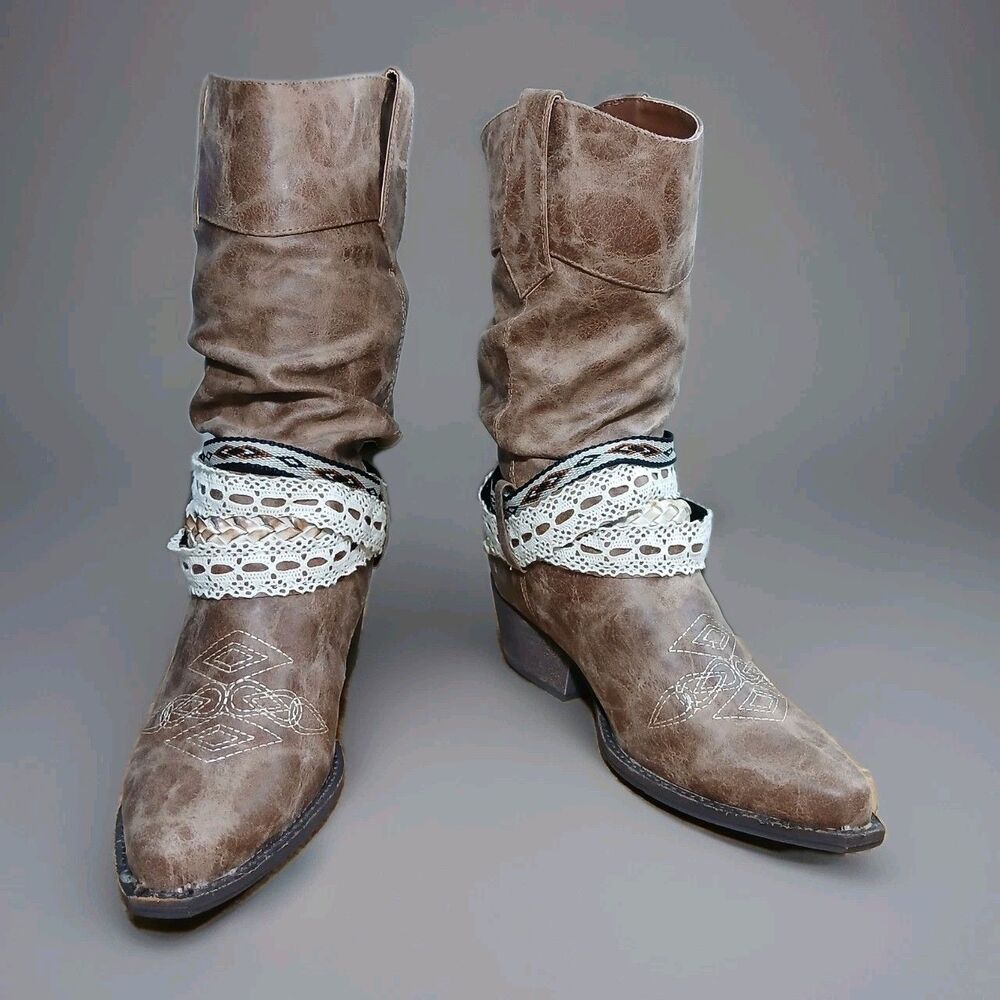 Women's Coconuts by Matisse Western Boots Size 6M Brown Slouchy Cowgirl Harness